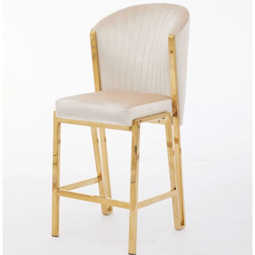 Art Deco Cream Velvet And Gold Metal Fixed Height Barstool With Footrest And Curved Scoop Back