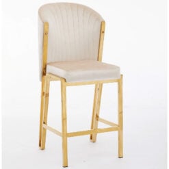 Art Deco Cream Velvet And Gold Metal Fixed Height Barstool With Footrest And Curved Scoop Back