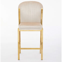 Art Deco Cream Velvet And Gold Metal Fixed Height Barstool With Footrest And Curved Scoop Back