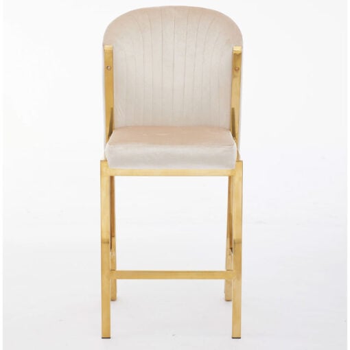 Art Deco Cream Velvet And Gold Metal Fixed Height Barstool With Footrest And Curved Scoop Back