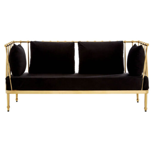Art Deco Gold Metal And Black Velvet Tubular Design 2 Seater Sofa 170cm