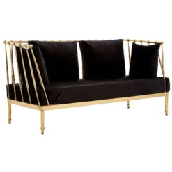 Art Deco Gold Metal And Black Velvet Tubular Design 2 Seater Sofa 170cm