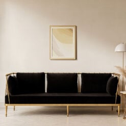 Art Deco Gold Metal And Black Velvet Tubular Design 3 Seater Sofa 210cm