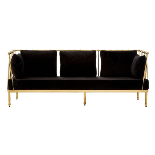 Art Deco Gold Metal And Black Velvet Tubular Design 3 Seater Sofa 210cm