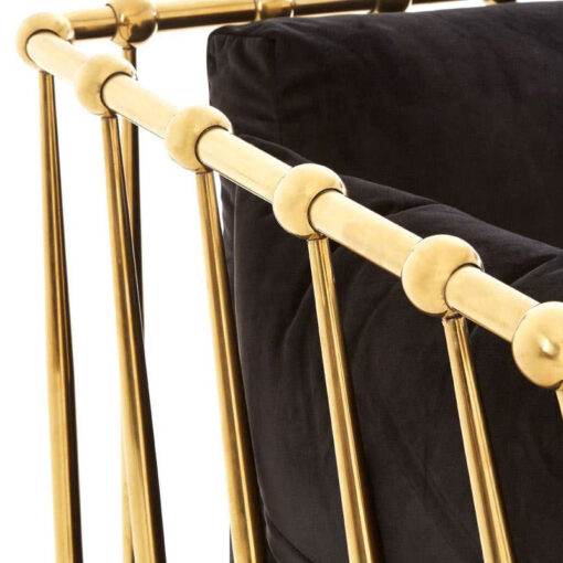 Art Deco Gold Metal And Black Velvet Tubular Design 3 Seater Sofa 210cm