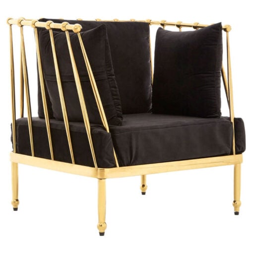 Art Deco Gold Metal And Black Velvet Tubular Design Armchair Accent Chair