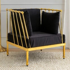 Art Deco Gold Metal And Black Velvet Tubular Design Armchair Accent Chair
