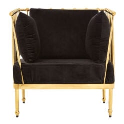 Art Deco Gold Metal And Black Velvet Tubular Design Armchair Accent Chair