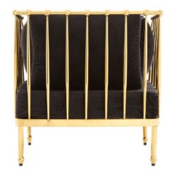 Art Deco Gold Metal And Black Velvet Tubular Design Armchair Accent Chair