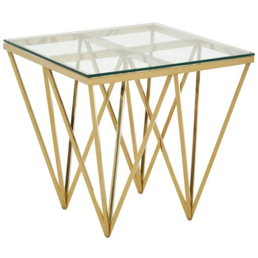 Art Deco Gold Metal And Clear Glass Prismatic Spike Square Side Table