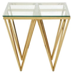 Art Deco Gold Metal And Clear Glass Prismatic Spike Square Side Table