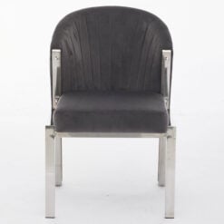 Art Deco Grey Velvet And Silver Chrome Metal Curved Scoop Back Dining Chair