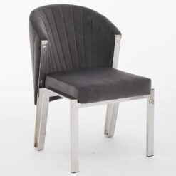 Art Deco Grey Velvet And Silver Chrome Metal Curved Scoop Back Dining Chair