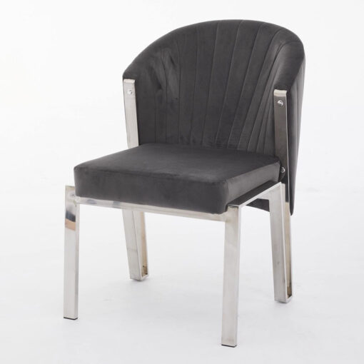 Art Deco Grey Velvet And Silver Chrome Metal Curved Scoop Back Dining Chair