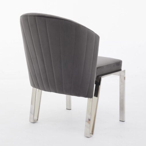 Art Deco Grey Velvet And Silver Chrome Metal Curved Scoop Back Dining Chair
