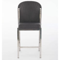 Art Deco Grey Velvet And Silver Chrome Metal Fixed Height Barstool With Footrest And Curved Scoop Back