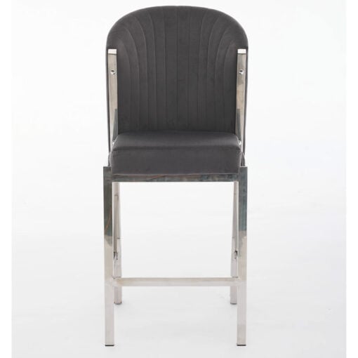 Art Deco Grey Velvet And Silver Chrome Metal Fixed Height Barstool With Footrest And Curved Scoop Back