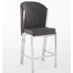 Art Deco Grey Velvet And Silver Chrome Metal Fixed Height Barstool With Footrest And Curved Scoop Back