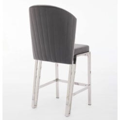 Art Deco Grey Velvet And Silver Chrome Metal Fixed Height Barstool With Footrest And Curved Scoop Back