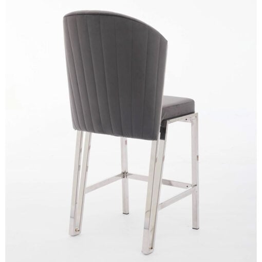 Art Deco Grey Velvet And Silver Chrome Metal Fixed Height Barstool With Footrest And Curved Scoop Back