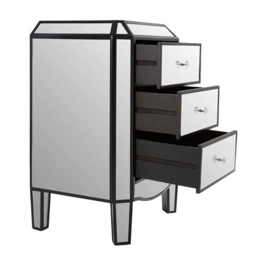 Art Deco Mirrored 3 Drawer Bedside Cabinet With Black Trim Detail