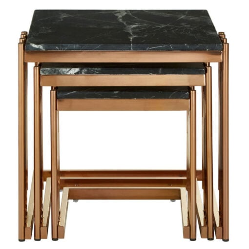 Art Deco Piping Detail Set Of 3 Rose Gold Metal Square Nesting Side Tables With Black Marble Tops
