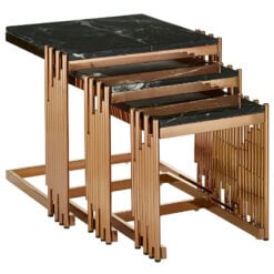 Art Deco Piping Detail Set Of 3 Rose Gold Metal Square Nesting Side Tables With Black Marble Tops