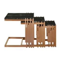 Art Deco Piping Detail Set Of 3 Rose Gold Metal Square Nesting Side Tables With Black Marble Tops