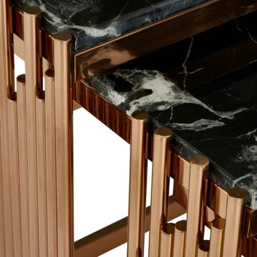 Art Deco Piping Detail Set Of 3 Rose Gold Metal Square Nesting Side Tables With Black Marble Tops