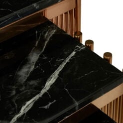 Art Deco Piping Detail Set Of 3 Rose Gold Metal Square Nesting Side Tables With Black Marble Tops