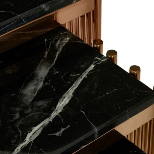 Art Deco Piping Detail Set Of 3 Rose Gold Metal Square Nesting Side Tables With Black Marble Tops