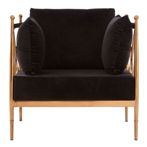 Art Deco Rose Gold Metal And Black Velvet Armchair Accent Chair