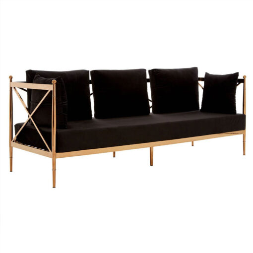 Art Deco Rose Gold Metal And Black Velvet 3 Seater Sofa 210cm