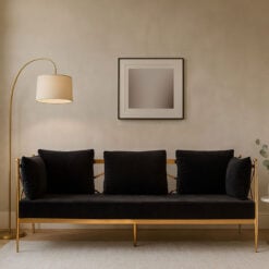 Art Deco Rose Gold Metal And Black Velvet 3 Seater Sofa 210cm