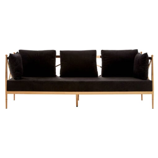 Art Deco Rose Gold Metal And Black Velvet 3 Seater Sofa 210cm