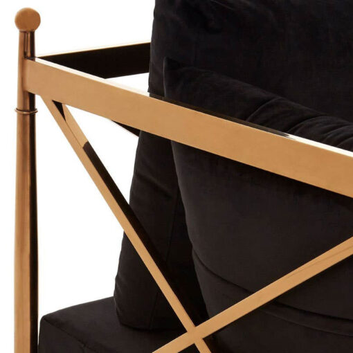 Art Deco Rose Gold Metal And Black Velvet 3 Seater Sofa 210cm