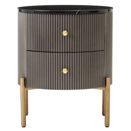 Art Deco Round Grey Ribbed Wood Bedside Cabinet With Black Marble Top And Gold Metal Legs Art Deco Round Grey Ribbed Wood Bedside Cabinet With Black Marble Top And Gold Metal Legs