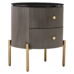 Art Deco Round Grey Ribbed Wood Bedside Cabinet With Black Marble Top And Gold Metal Legs