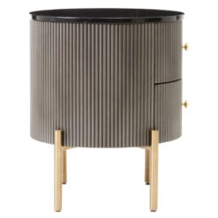 Art Deco Round Grey Ribbed Wood Bedside Cabinet With Black Marble Top And Gold Metal Legs