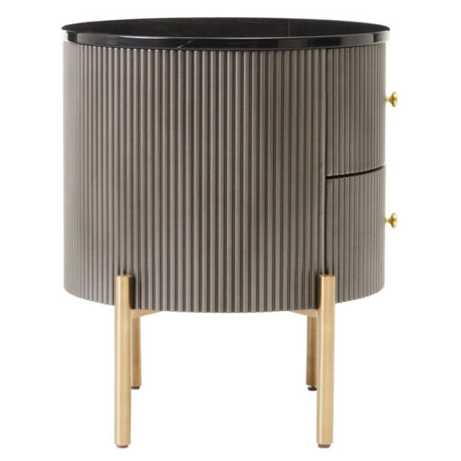 Art Deco Round Grey Ribbed Wood Bedside Cabinet With Black Marble Top And Gold Metal Legs Art Deco Round Grey Ribbed Wood Bedside Cabinet With Black Marble Top And Gold Metal Legs