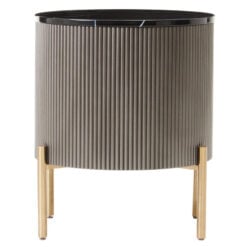 Art Deco Round Grey Ribbed Wood Bedside Cabinet With Black Marble Top And Gold Metal Legs
