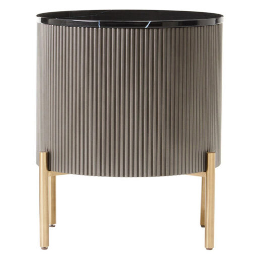 Art Deco Round Grey Ribbed Wood Bedside Cabinet With Black Marble Top And Gold Metal Legs Art Deco Round Grey Ribbed Wood Bedside Cabinet With Black Marble Top And Gold Metal Legs