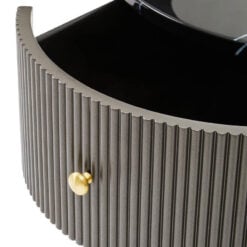 Art Deco Round Grey Ribbed Wood Bedside Cabinet With Black Marble Top And Gold Metal Legs