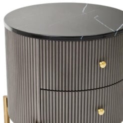 Art Deco Round Grey Ribbed Wood Bedside Cabinet With Black Marble Top And Gold Metal Legs