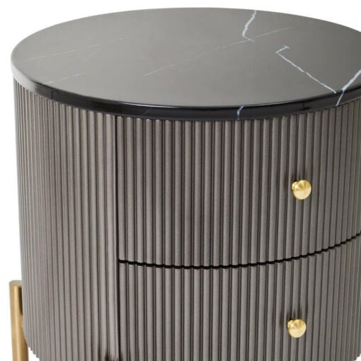 Art Deco Round Grey Ribbed Wood Bedside Cabinet With Black Marble Top And Gold Metal Legs Art Deco Round Grey Ribbed Wood Bedside Cabinet With Black Marble Top And Gold Metal Legs