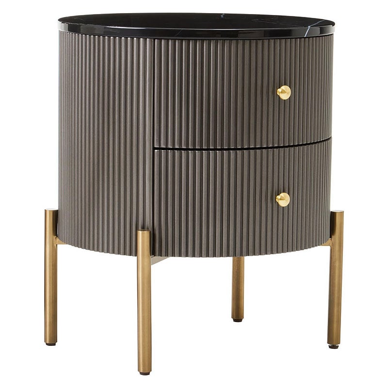 Art Deco Round Grey Ribbed Wood Bedside Cabinet With Black Marble Top And Gold Metal Legs Art Deco Round Grey Ribbed Wood Bedside Cabinet With Black Marble Top And Gold Metal Legs