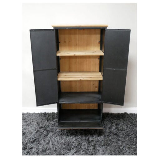 Boho Industrial Rustic Black Metal And Solid Fir Wood 3 Door Apothecary Style Tall Cabinet 133cm