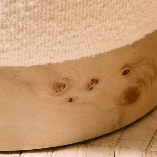 Boho Rustic Cream White Boucle Fabric And Burl Light Wood Round Stool Footstool