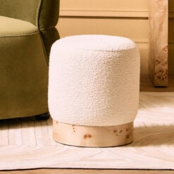 Boho Rustic Cream White Boucle Fabric And Burl Light Wood Round Stool Footstool