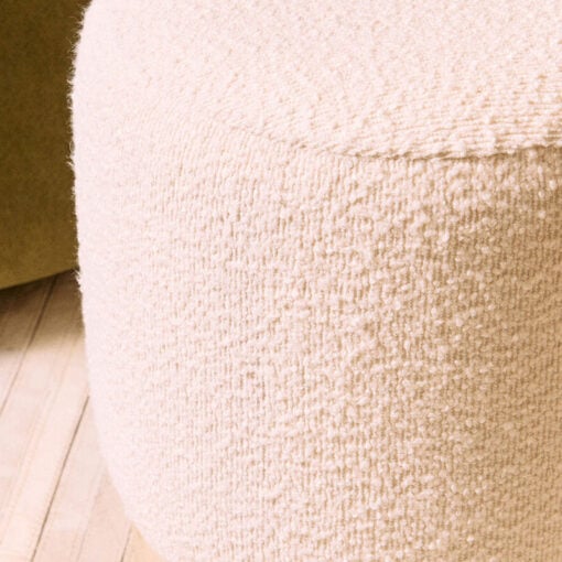 Boho Rustic Cream White Boucle Fabric And Burl Light Wood Round Stool Footstool